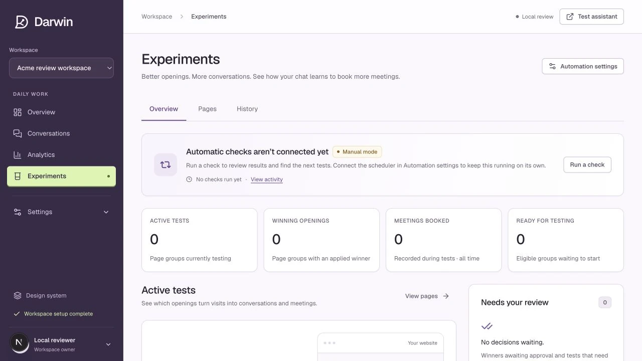Experiments shows automation state, work needing attention, and active tests.