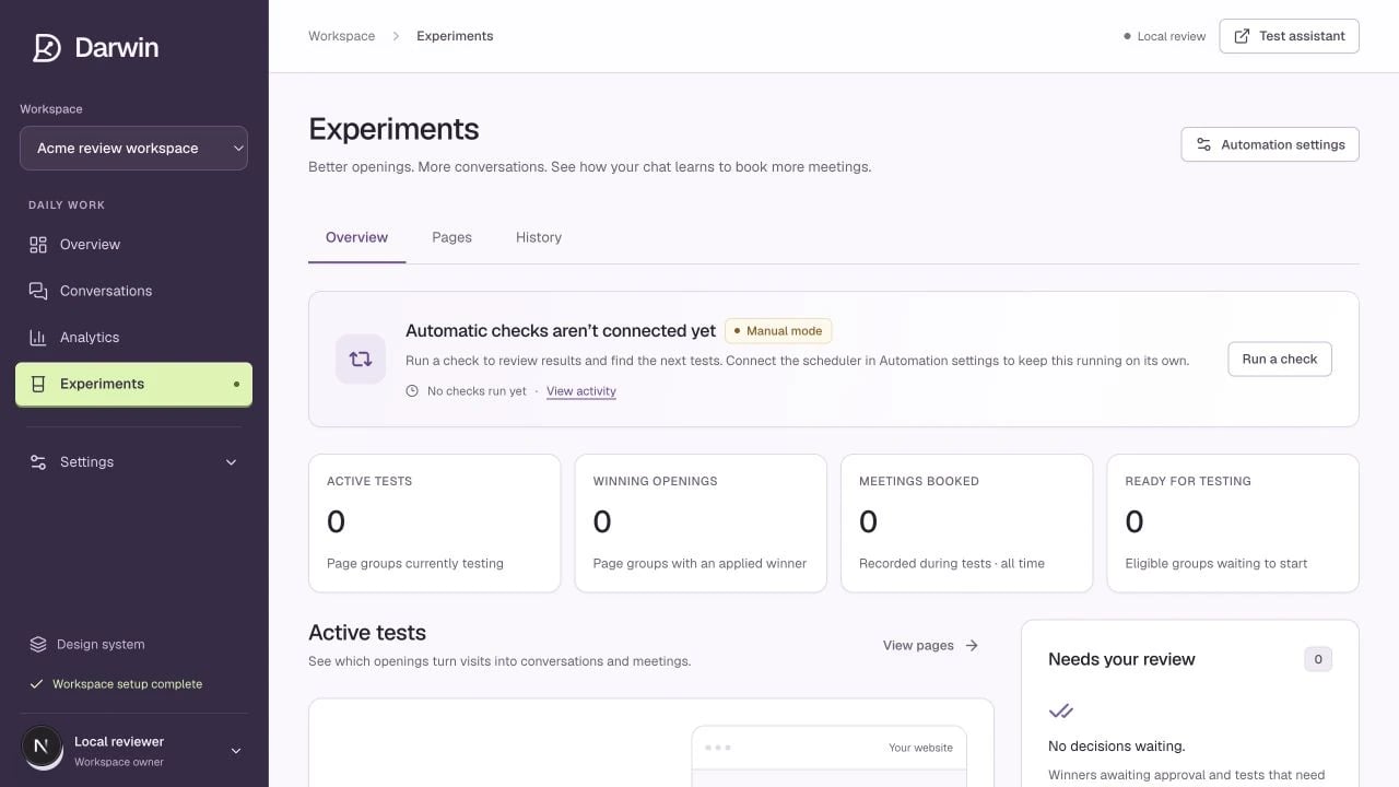Experiments shows automation state, work needing attention, and active tests.