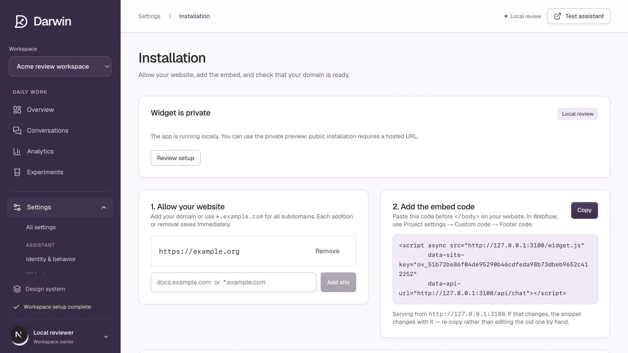 Installation keeps allowed websites and the workspace embed in one place.