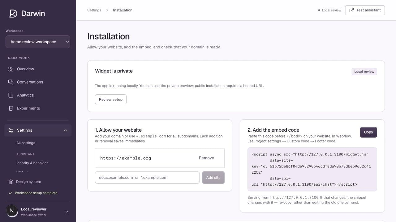 Installation keeps allowed websites and the workspace embed in one place.