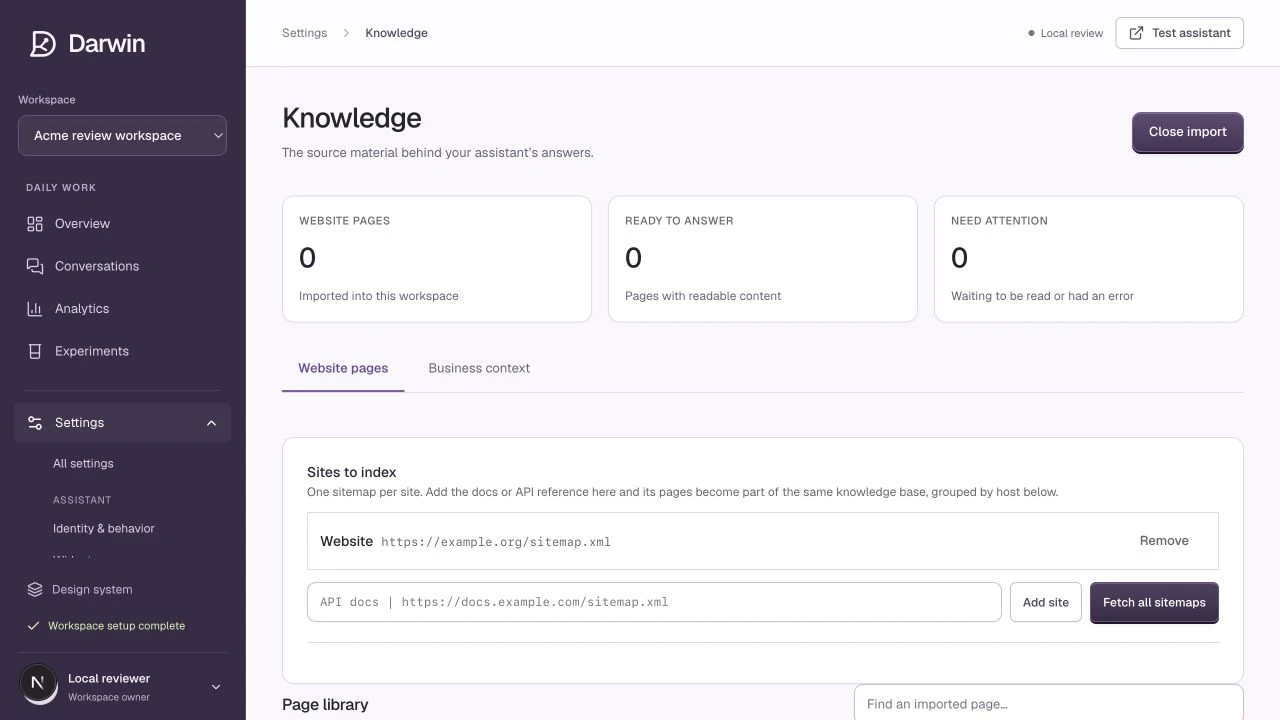 Knowledge keeps imported pages, read status, and business context together.