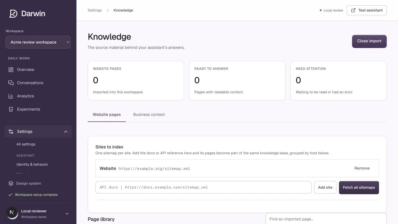 Knowledge keeps imported pages, read status, and business context together.