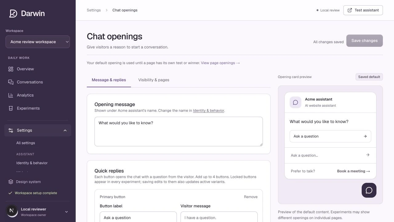 Chat openings shows the default message alongside a visitor-facing preview.