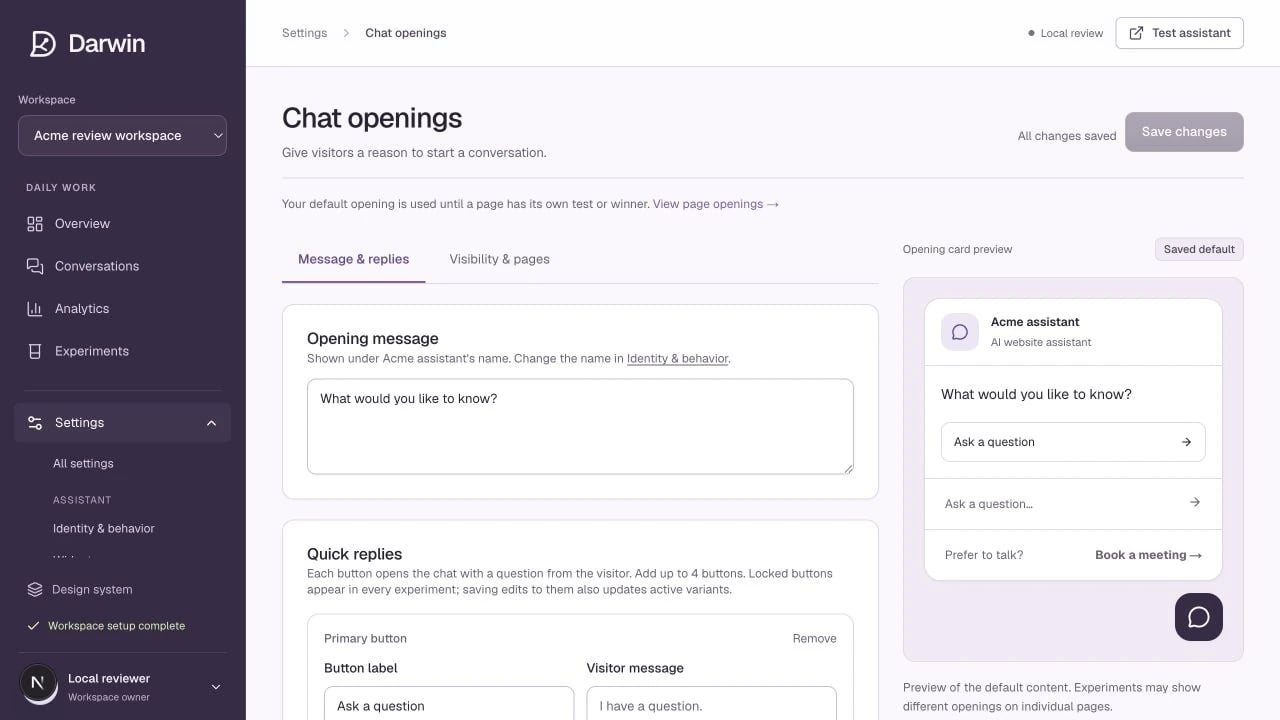Chat openings shows the default message alongside a visitor-facing preview.
