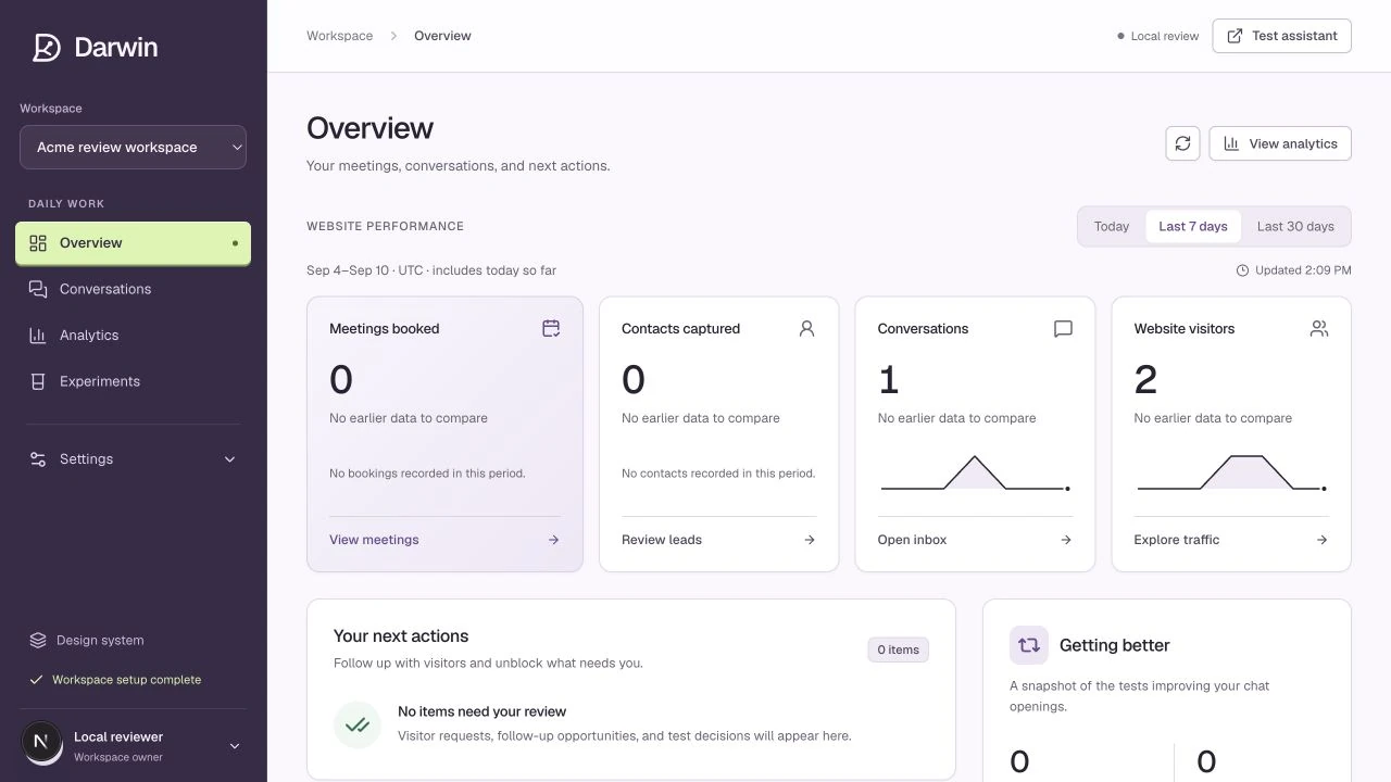 Darwin Overview with daily navigation, results, and next actions.