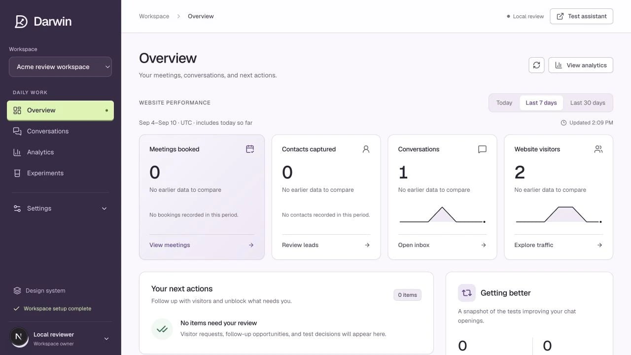 Darwin Overview with daily navigation, results, and next actions.