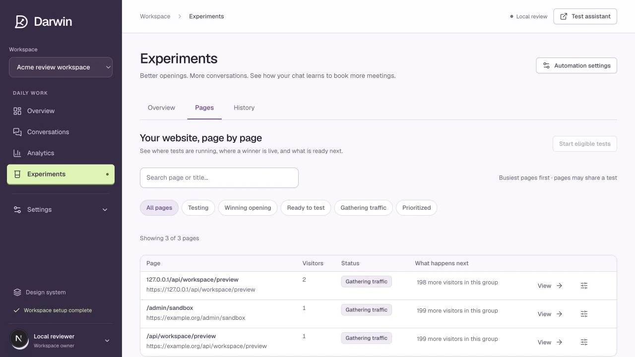 The Pages view separates testing, winning openings, and pages gathering traffic.