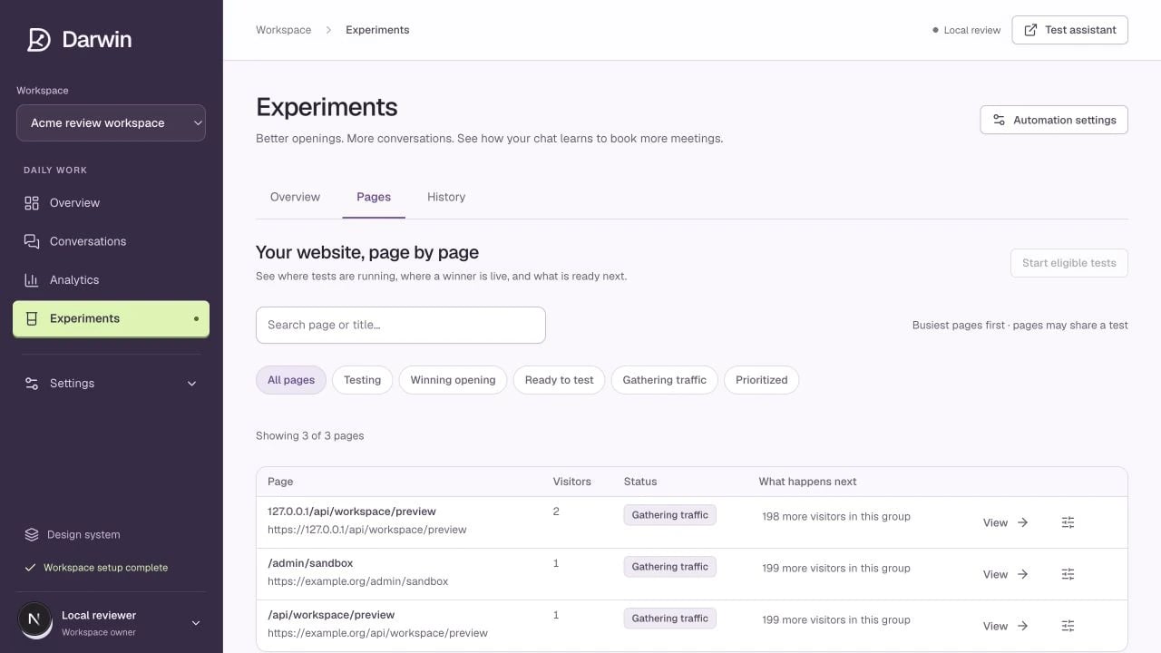 The Pages view separates testing, winning openings, and pages gathering traffic.