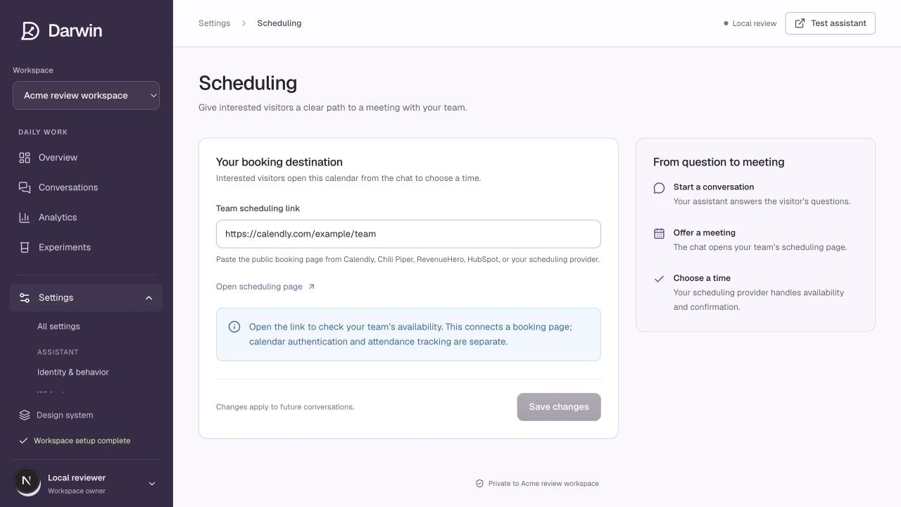 Scheduling has one destination field and a guide to checking the booking flow.