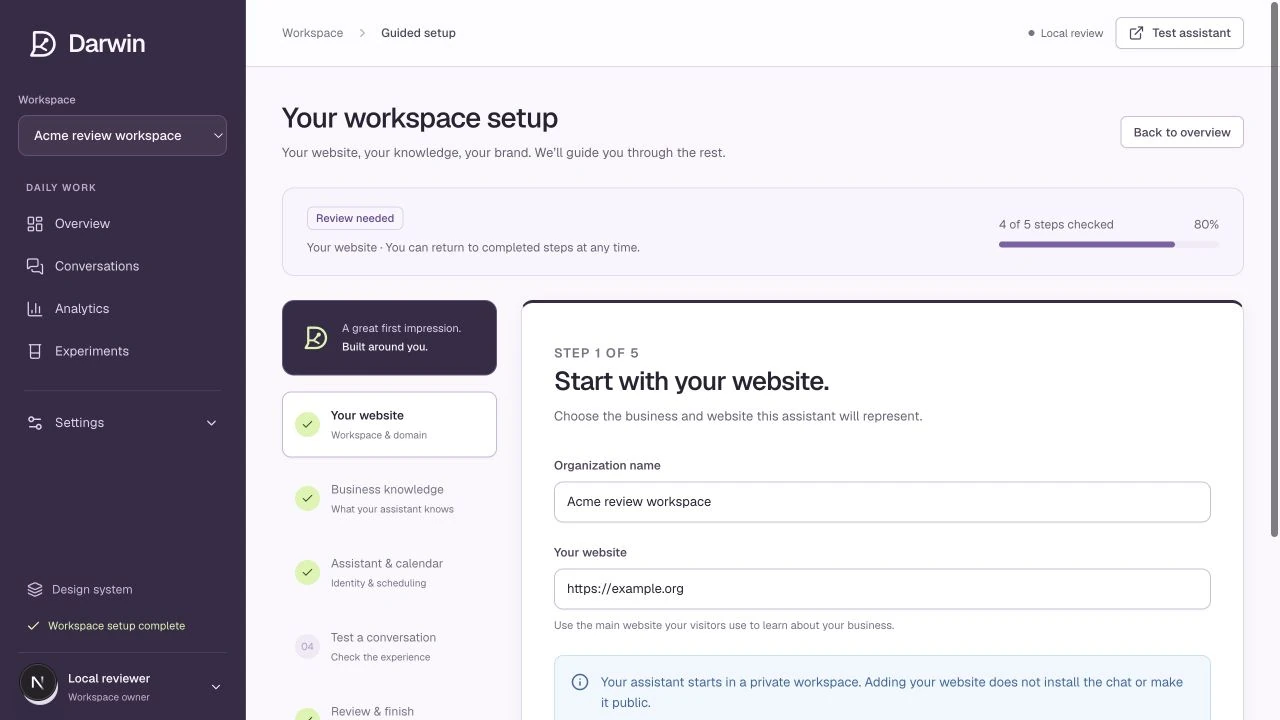 Guided setup keeps the five steps and saved progress together.