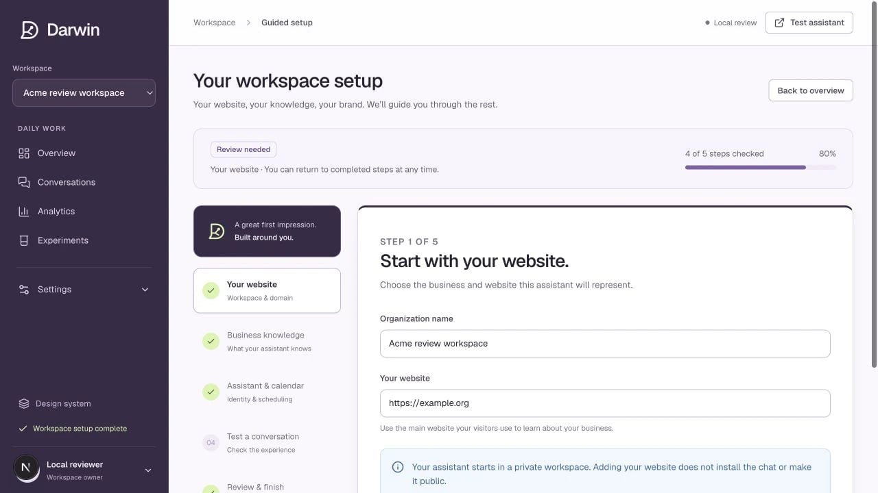 Guided setup keeps the five steps and saved progress together.