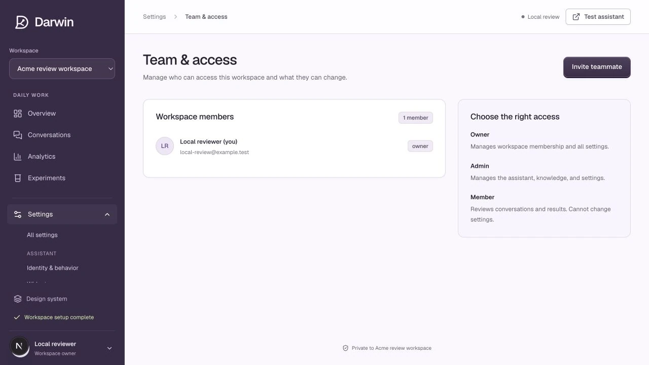 Team and access lists workspace members and explains each role.