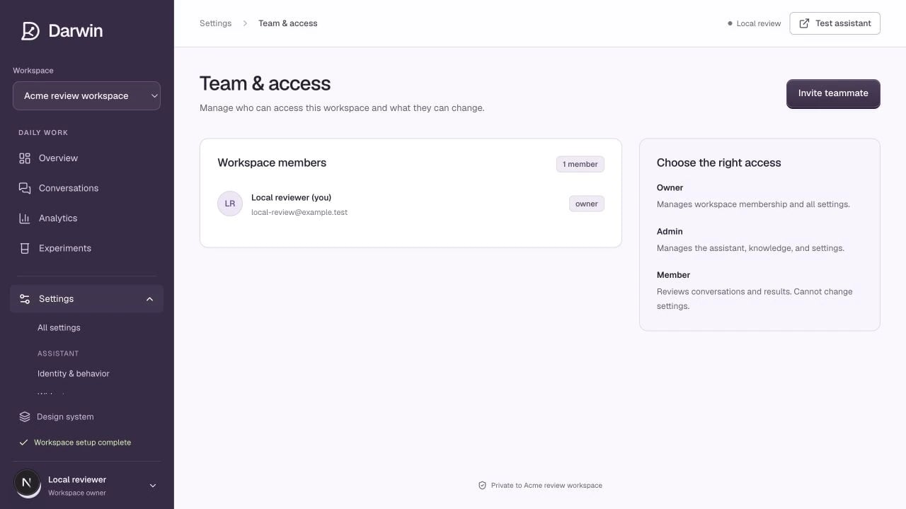 Team and access lists workspace members and explains each role.