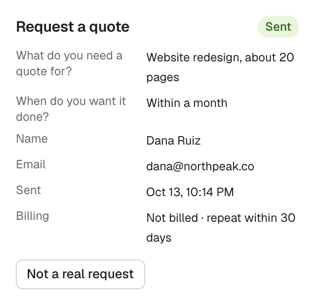 The panel beside a conversation in Conversations: Request a quote, Sent, with each question and answer, the visitor's name and email, when it was sent and the billing line.