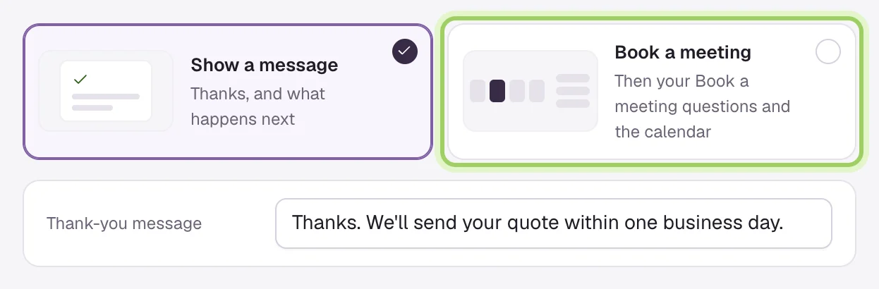 After the form: Show a message selected, Book a meeting marked, and the Thank-you message field.
