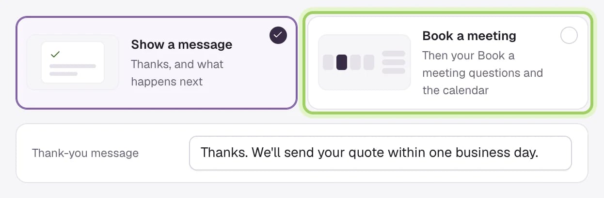 After the form: Show a message selected, Book a meeting marked, and the Thank-you message field.