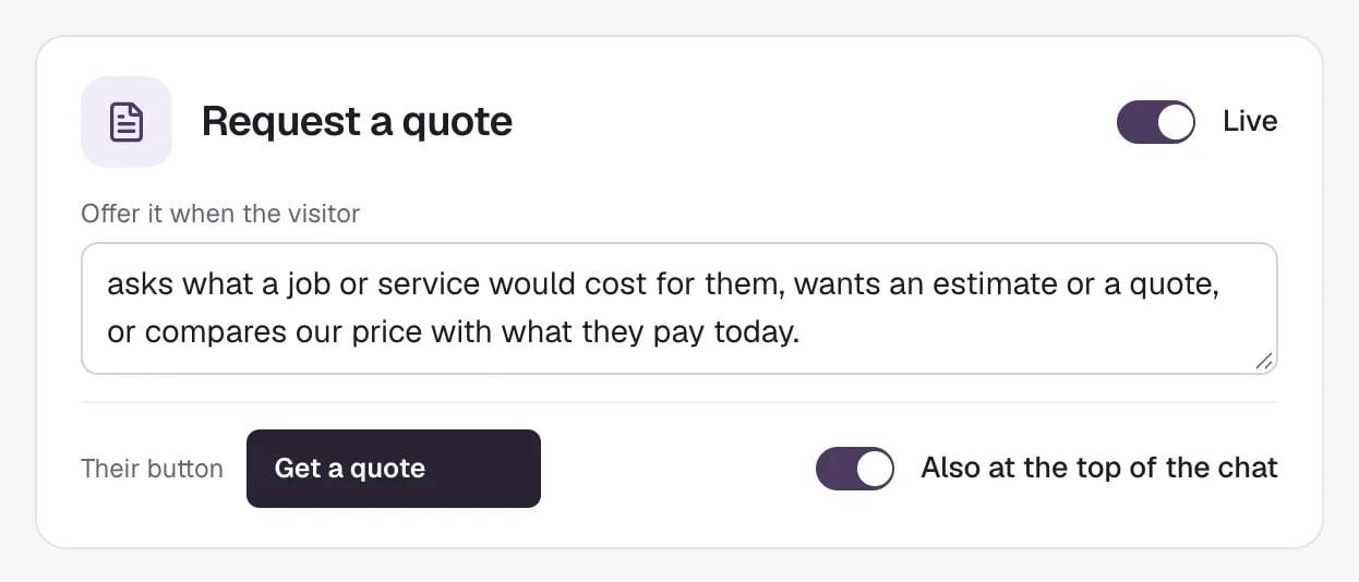 The top of the Request a quote form: its name and Live switch, the Offer it when the visitor sentence, Their button set to Get a quote, and the Also at the top of the chat switch.