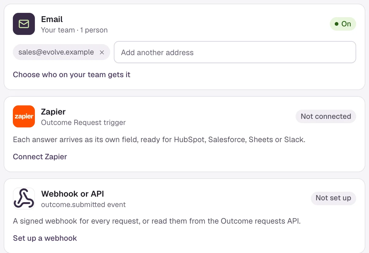 Send answers to: Email (on, your team, with sales@evolve.example added), Zapier (not connected, Connect Zapier) and Webhook or API (not set up, Set up a webhook).