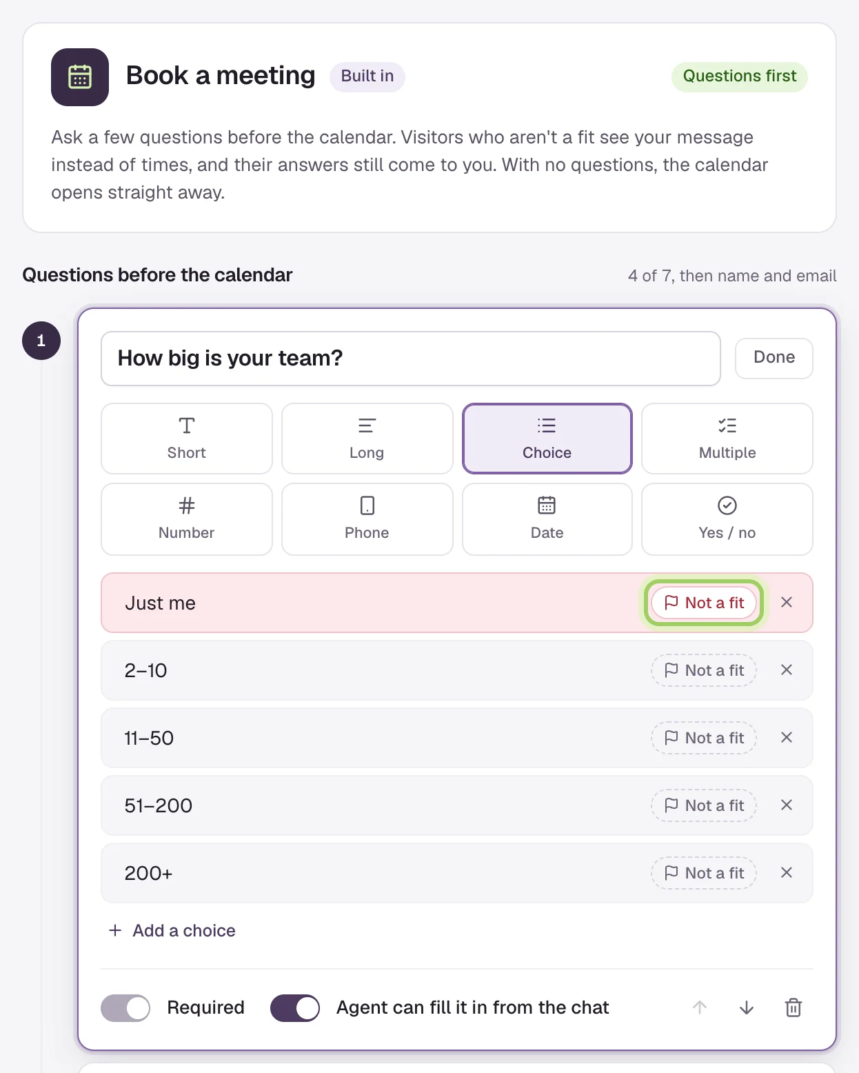 Book a meeting, built in, set to Questions first: How big is your team? with five choices and Just me flagged Not a fit (marked).