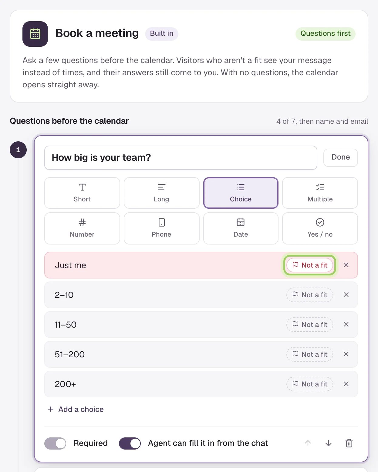 Book a meeting, built in, set to Questions first: How big is your team? with five choices and Just me flagged Not a fit (marked).