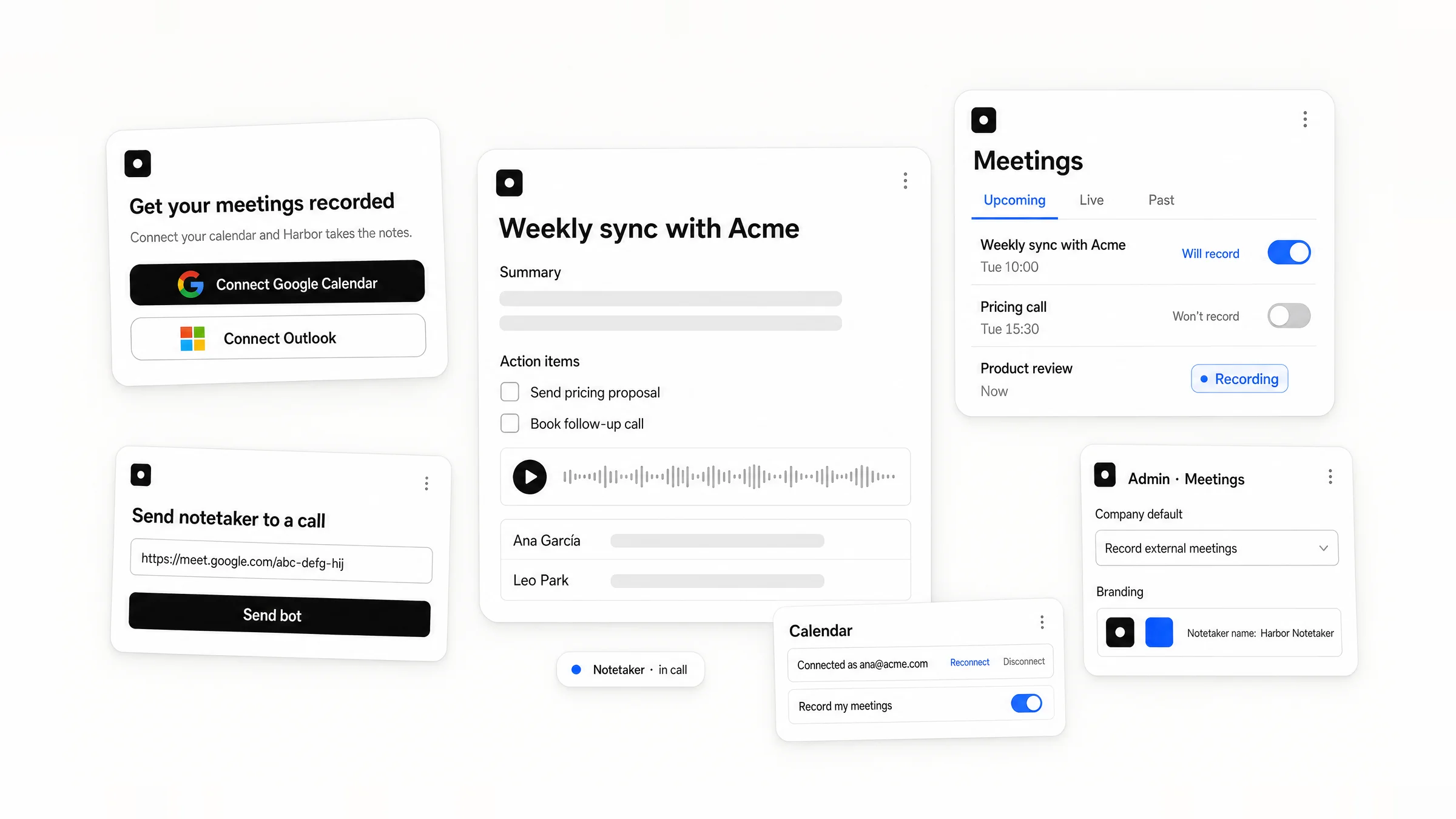 The screens you build with MeetingKit: connect a calendar, the meetings list with recording labels, a finished meeting with summary, action items, transcript and audio, sending the notetaker to a call, user calendar settings, and the admin's company default and branding.