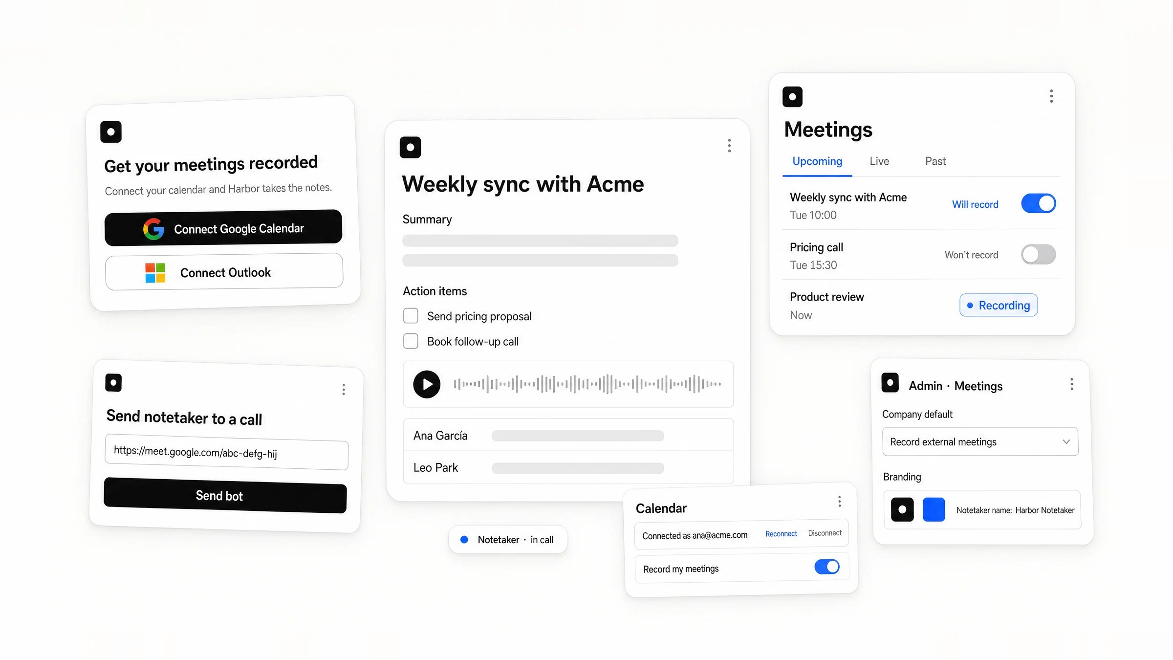 The screens you build with MeetingKit: connect a calendar, the meetings list with recording labels, a finished meeting with summary, action items, transcript and audio, sending the notetaker to a call, user calendar settings, and the admin's company default and branding.