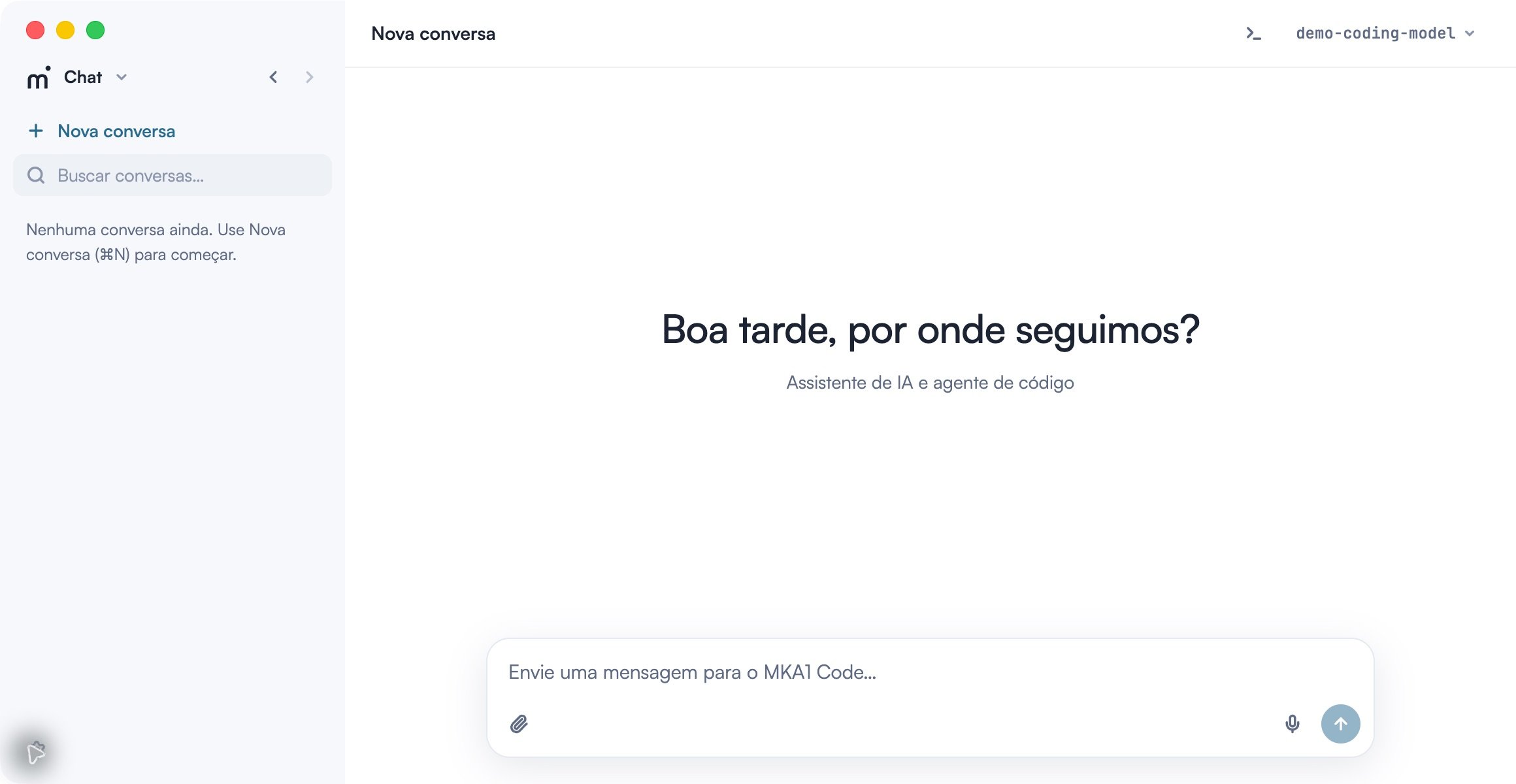 MKA1 Code no modo claro, com a mensagem de boas-vindas e o compositor de conversa vazio