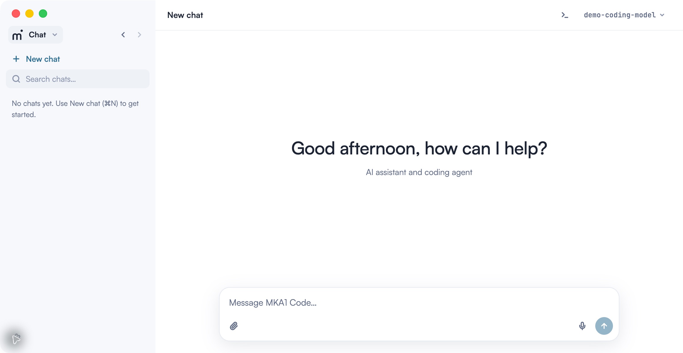 MKA1 Code in light mode, showing the welcome message and an empty chat composer
