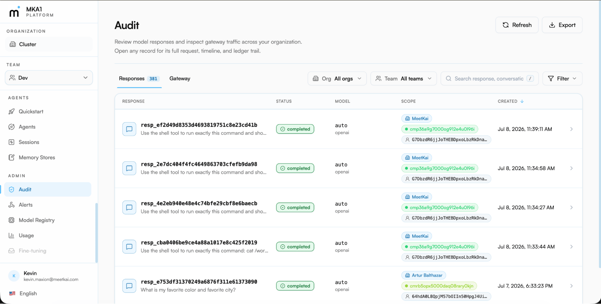 The Audit view of gateway traffic under Admin → Audit