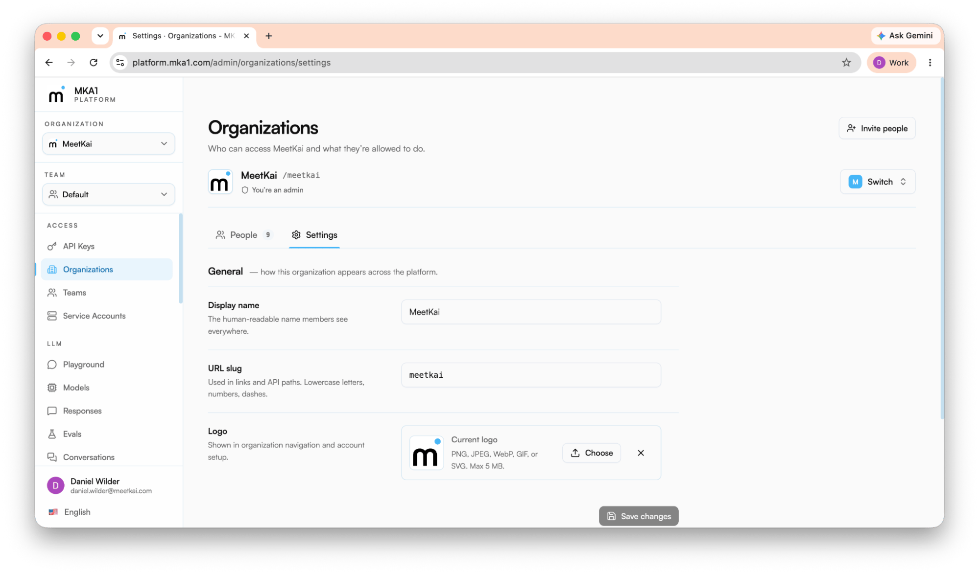 Organizations settings in the MKA1 console