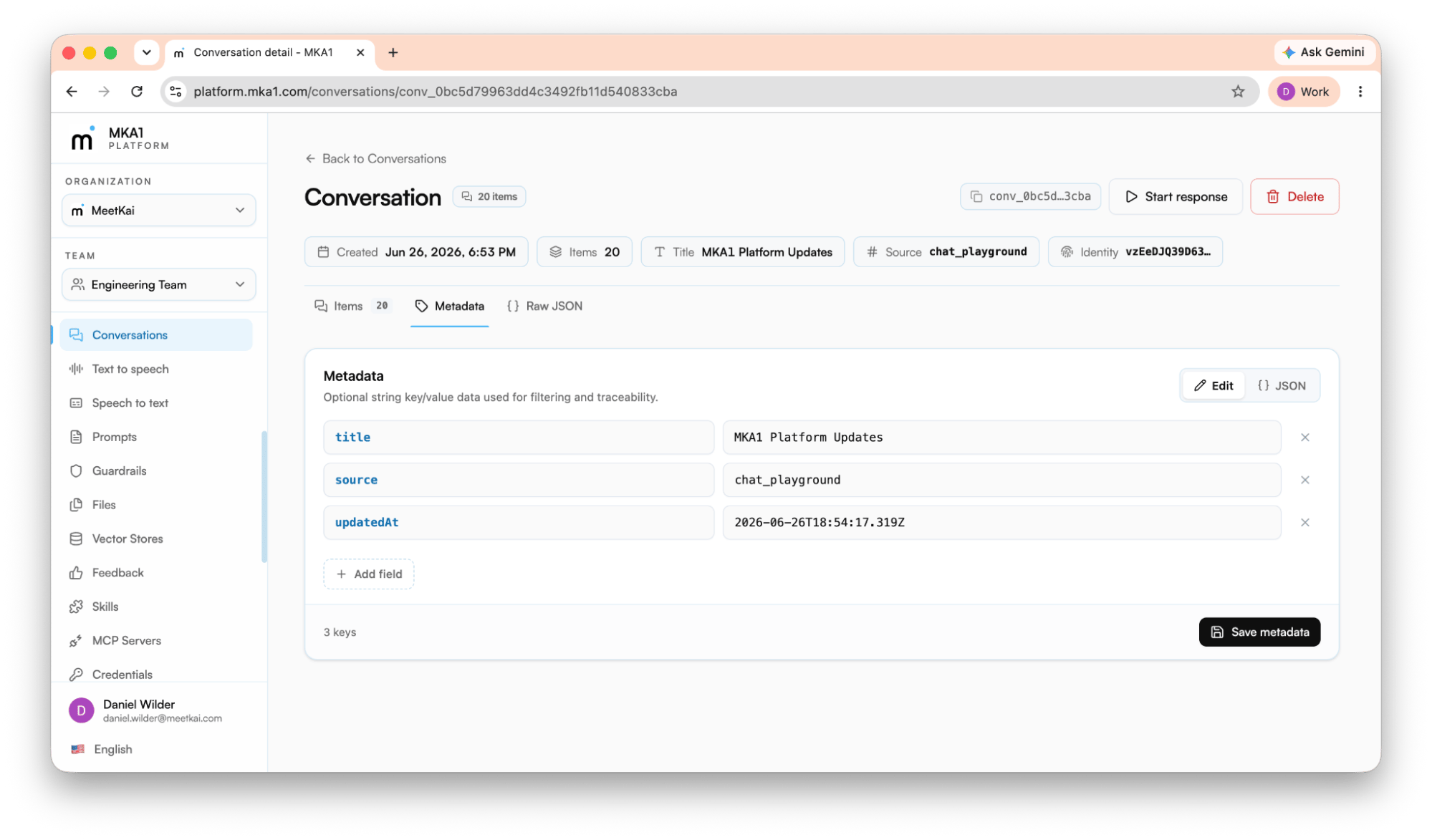 Conversation detail with items and metadata