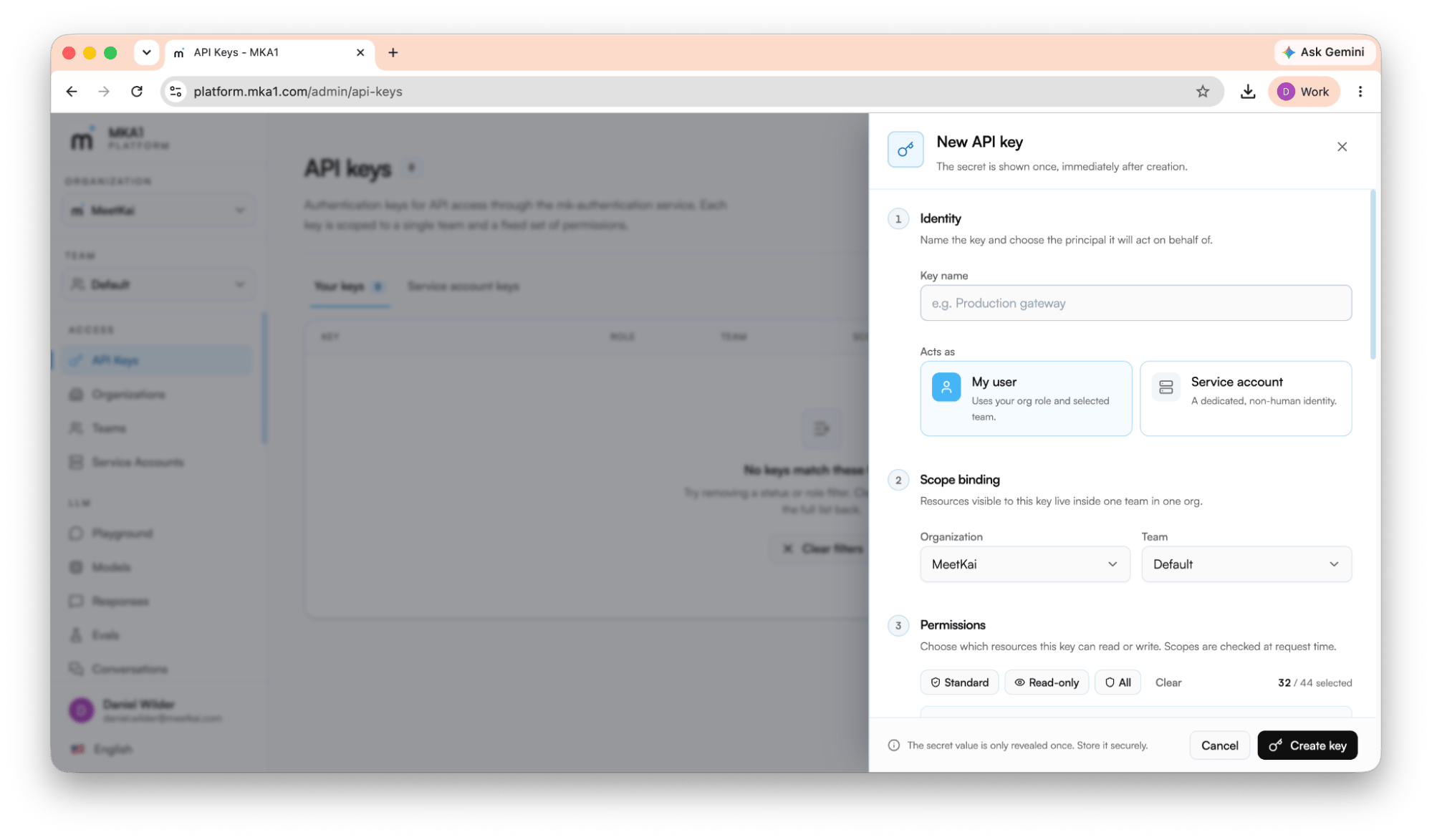 New API key form with identity, scope binding, and permissions steps