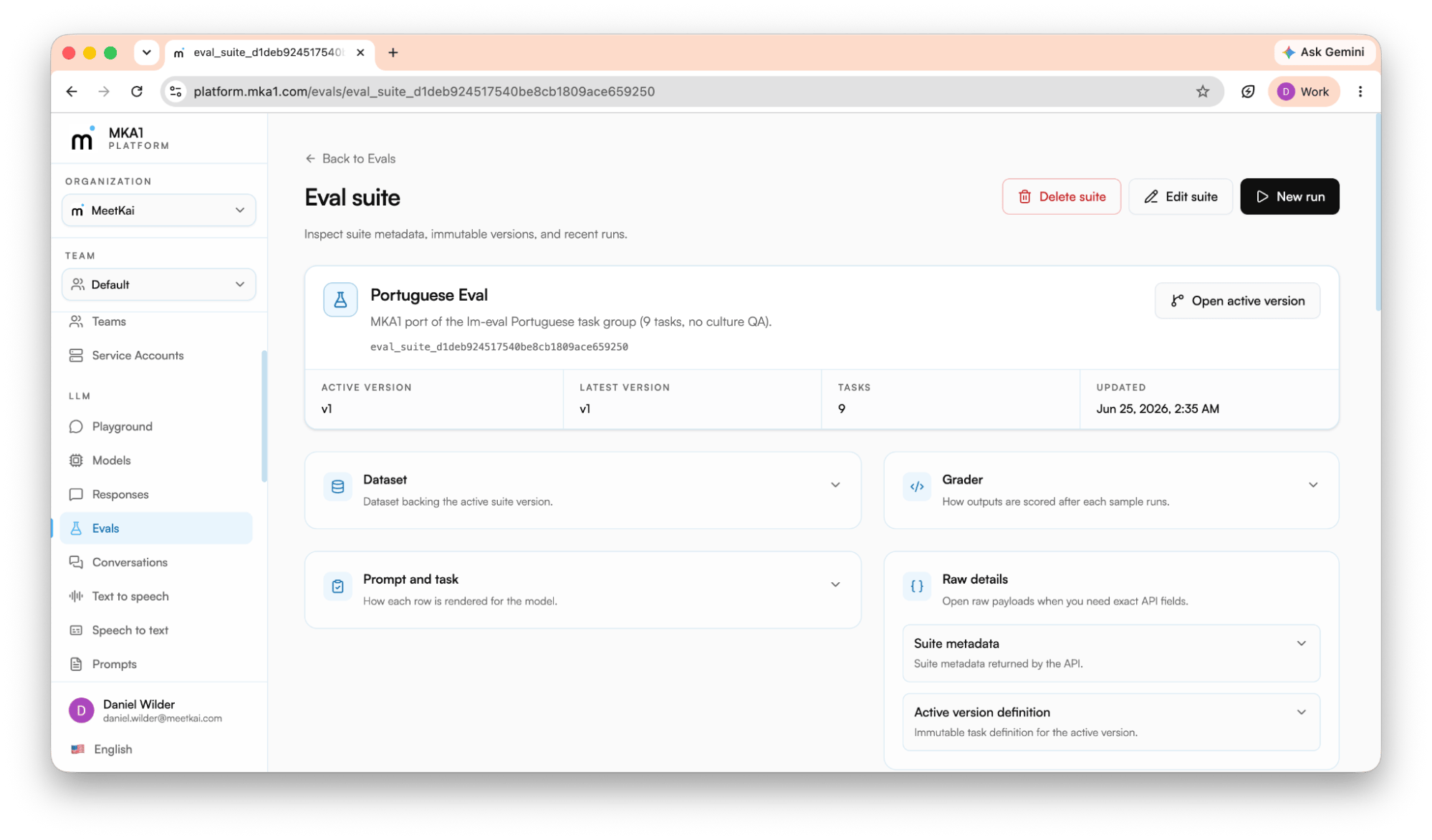 An eval suite with dataset, grader, and versions