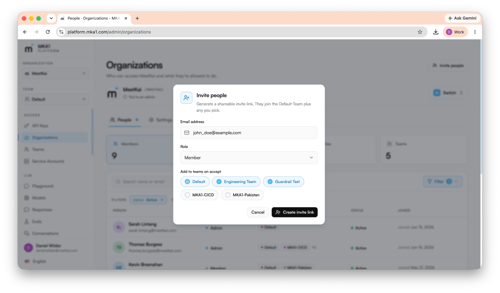 Invite people dialog with role and team selection