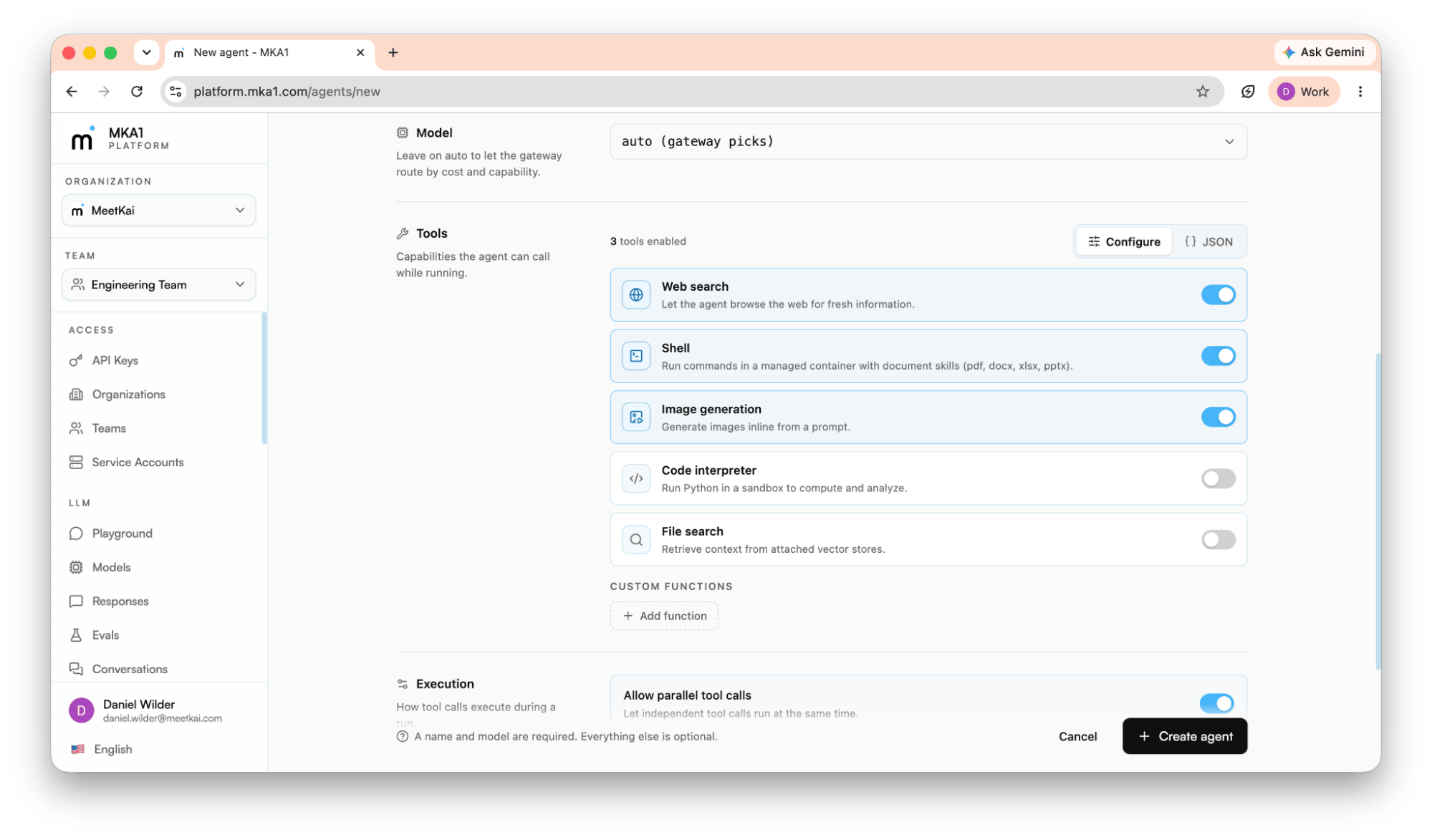 Agent creation form with built-in tools