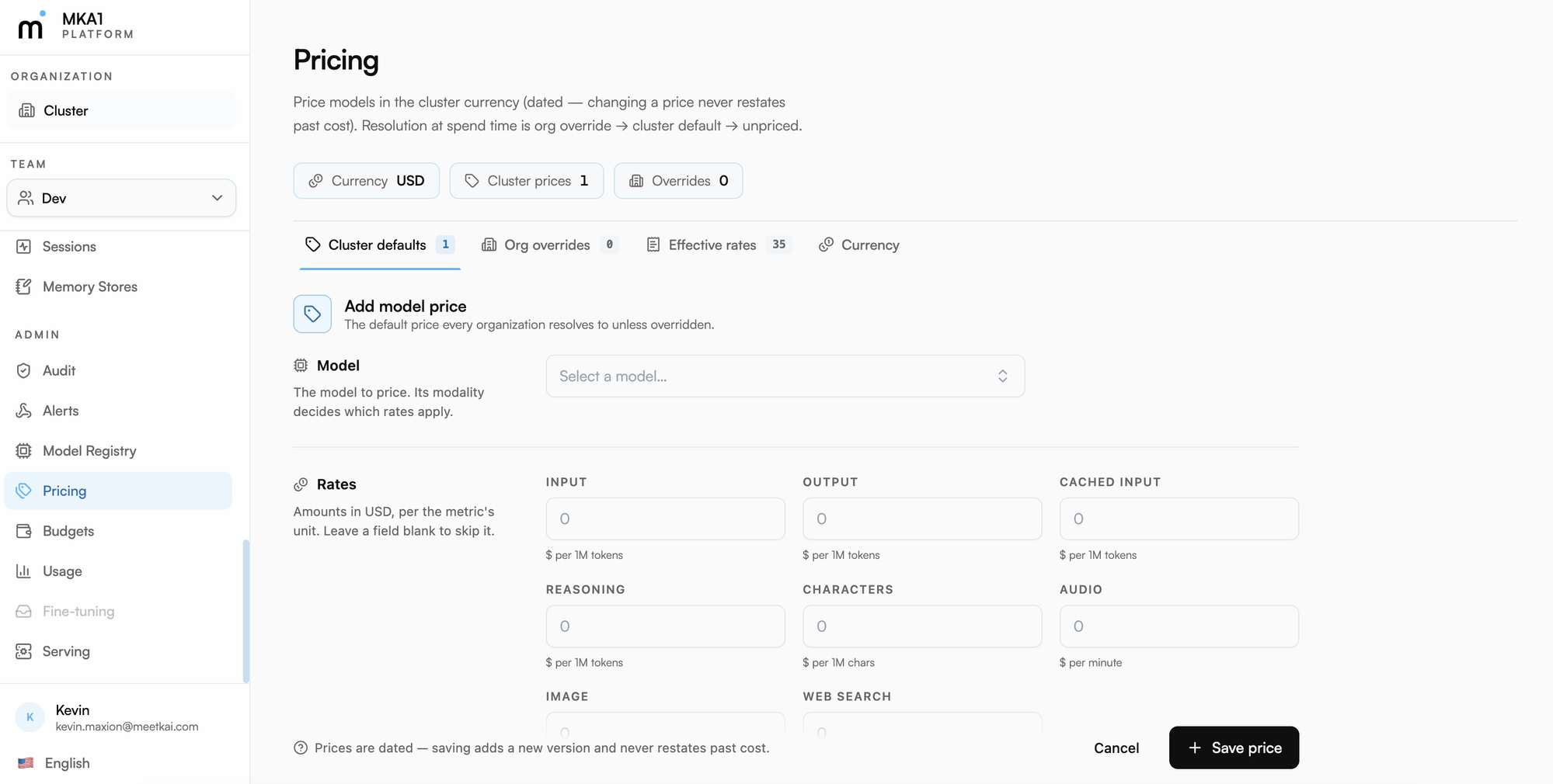 Add model price form in the price book under Admin → Pricing