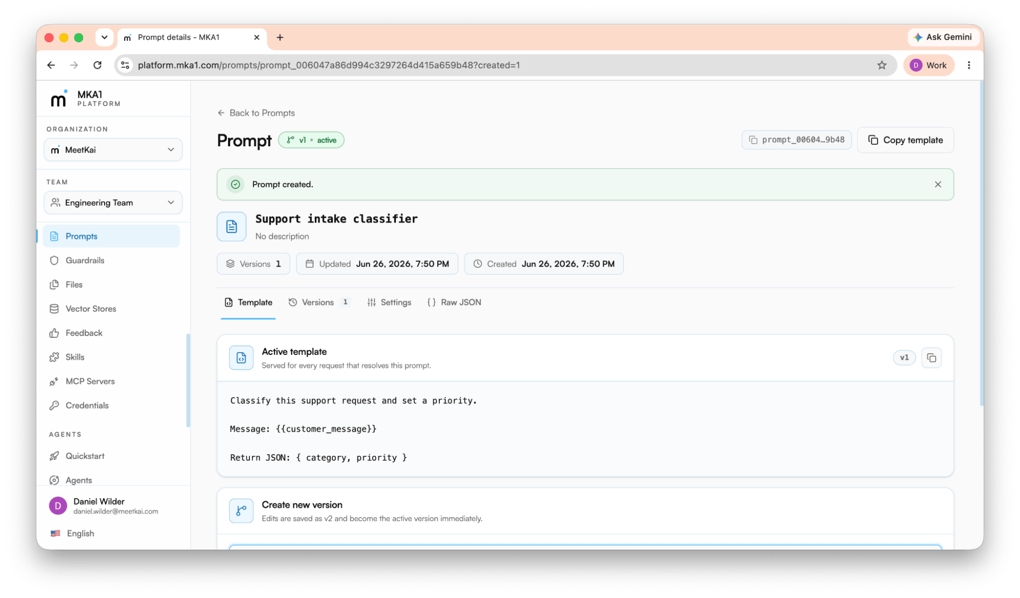 A versioned prompt template in the prompt repository