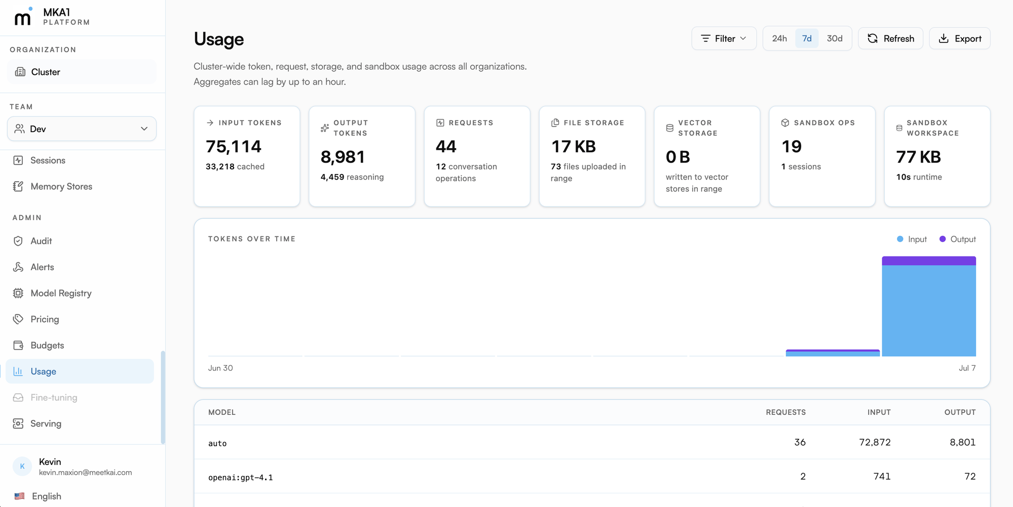 The Usage dashboard with tokens over time and per-model breakdowns under Admin → Usage