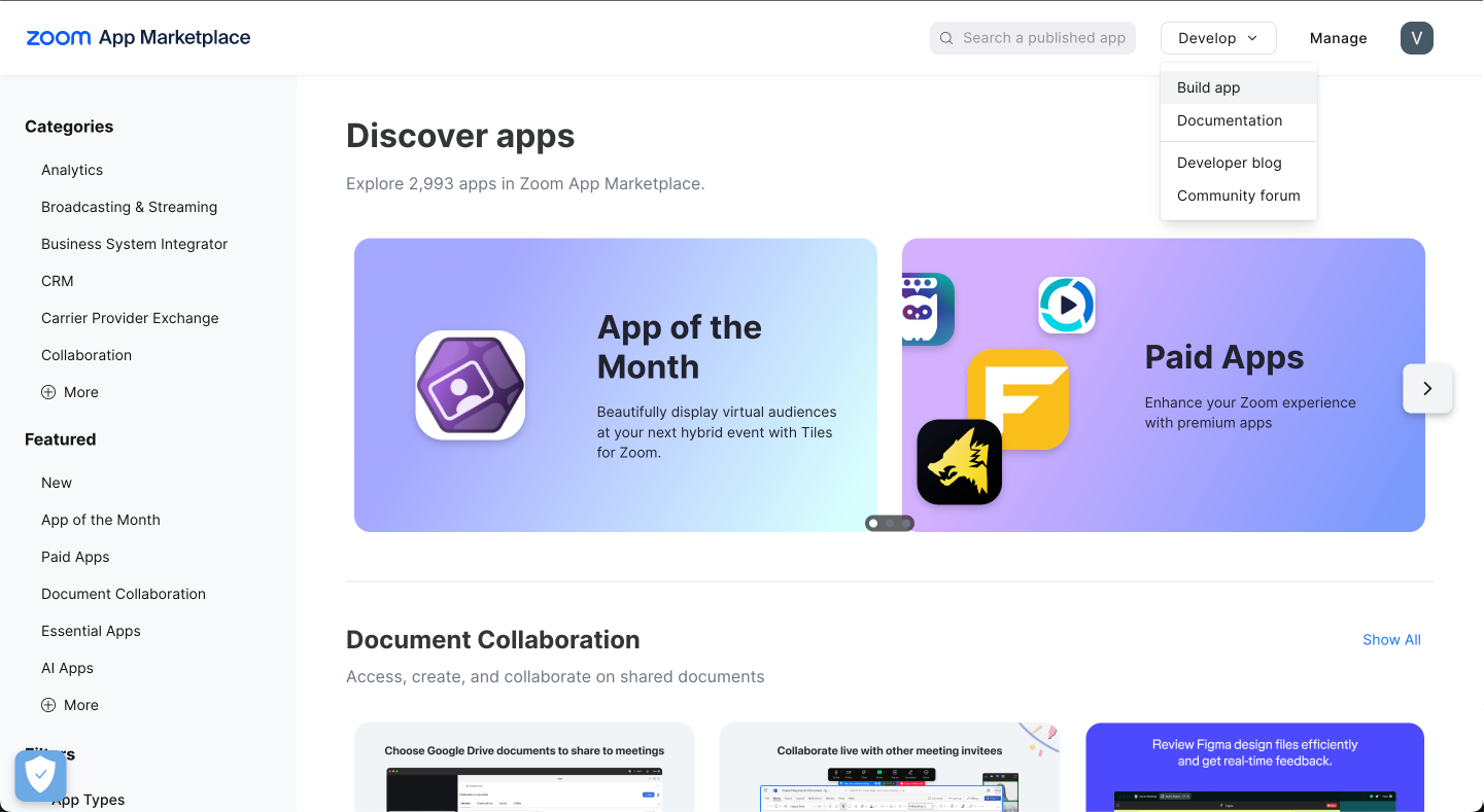 Zoom App Marketplace - Click on 'Develop' tab and then 'Build App'