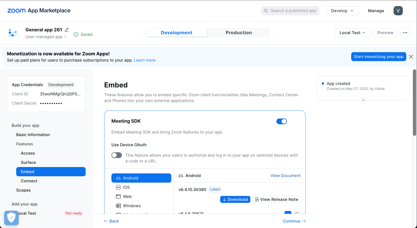 Zoom App Marketplace credentials section