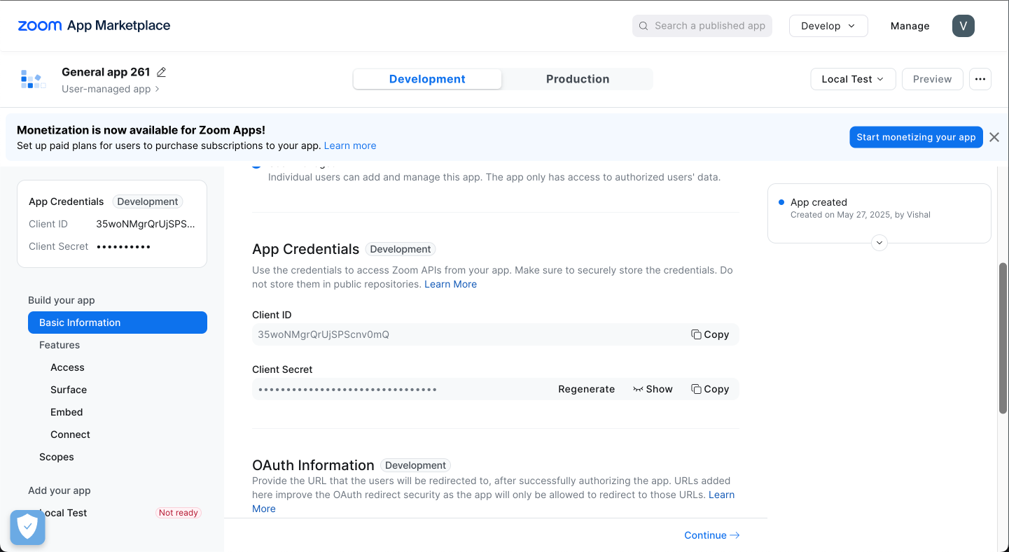 MeetStream Dashboard Zoom credentials