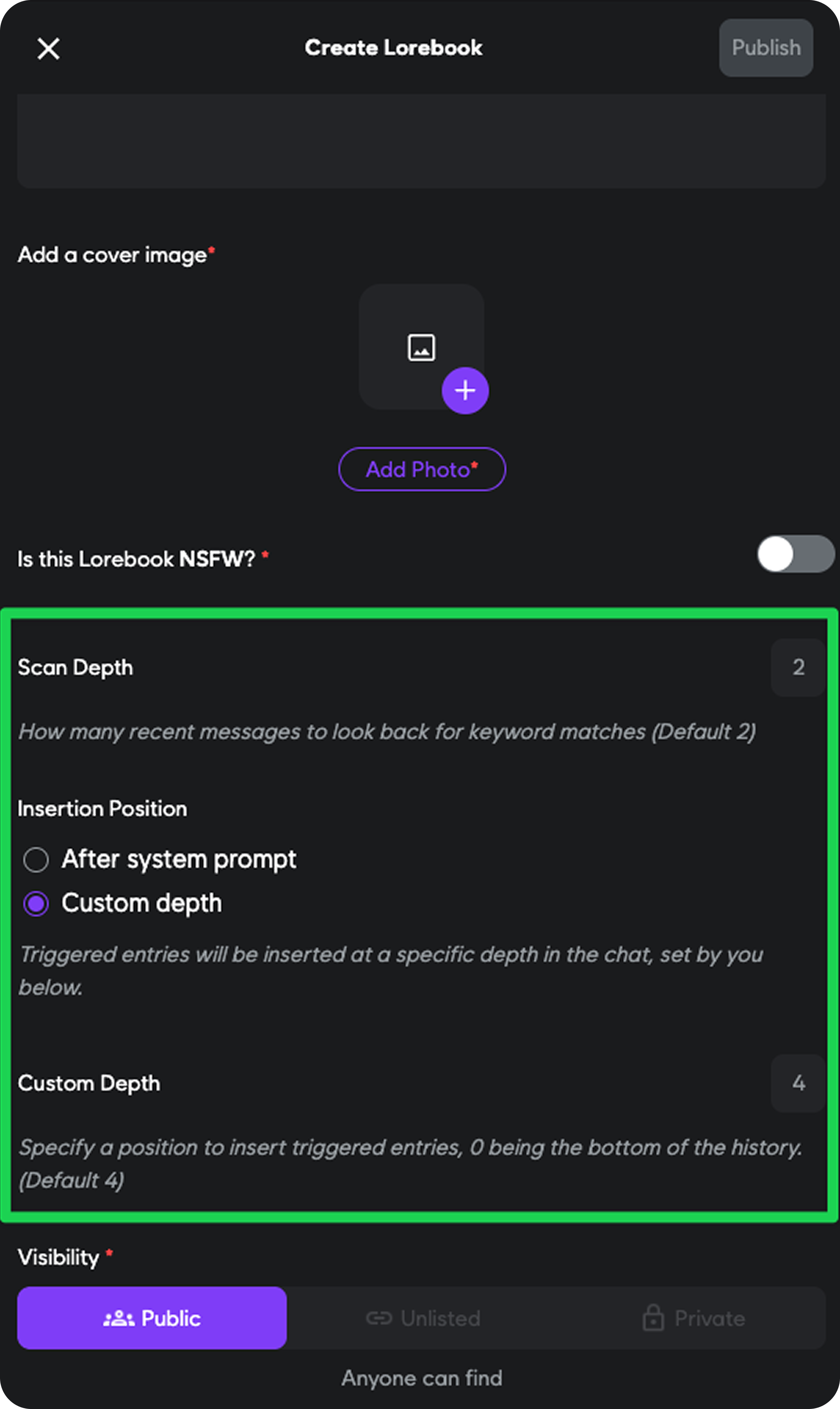Lorebook Insertion Depth Settings