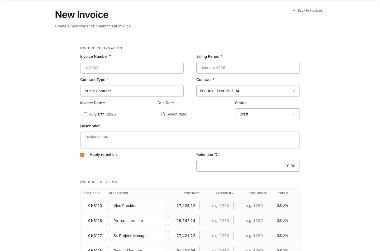 New owner invoice form opened from the Invoicing tool