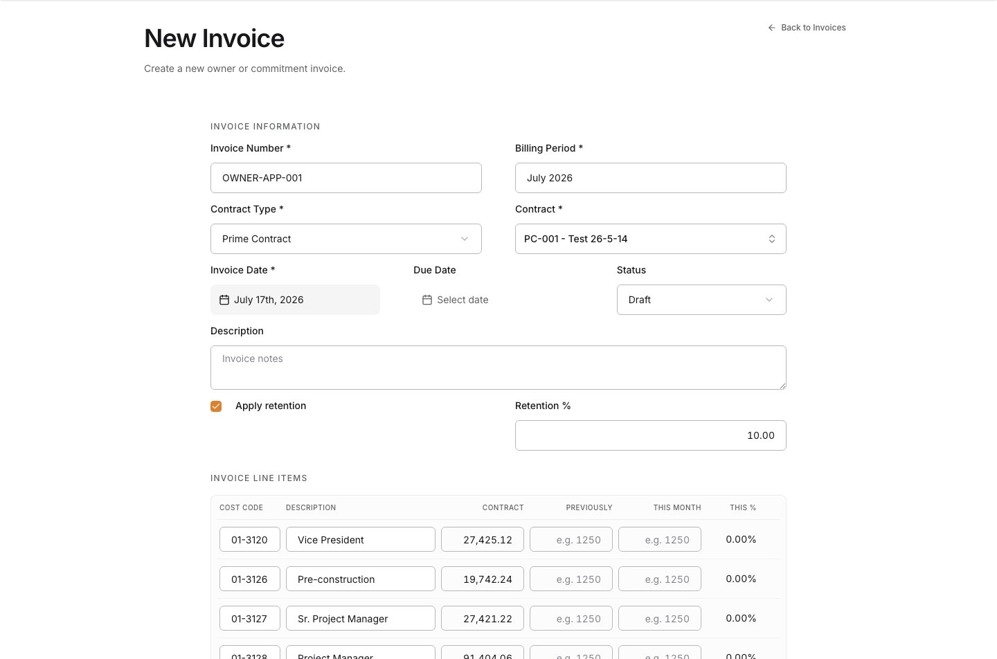 Invoice Information section for owner invoice number, billing period, and contract