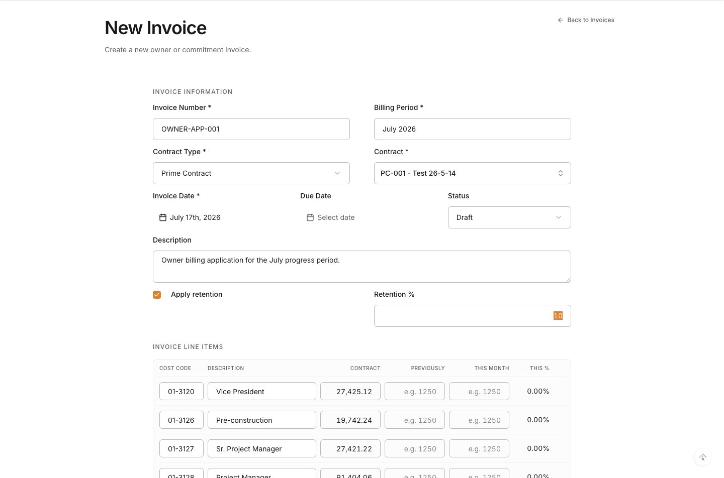 Invoice date, due date, status, and notes fields