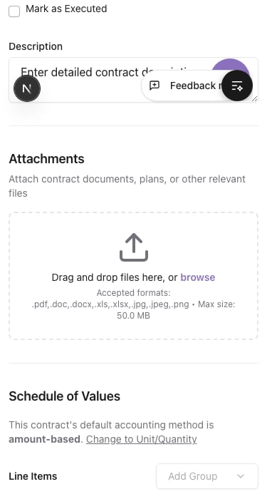 Attachments area and beginning of Schedule of Values.