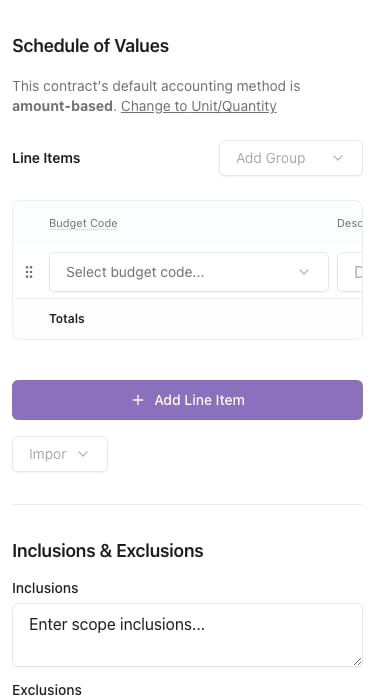 Schedule of Values line item area.