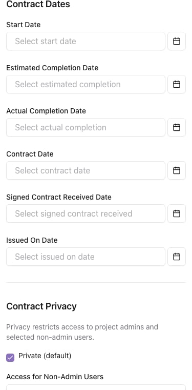 Contract Dates, Contract Privacy, and Invoice Contacts sections.