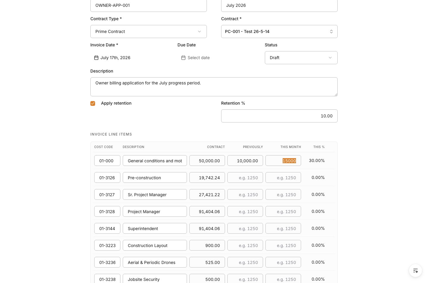 Invoice Line Items section with current billing values