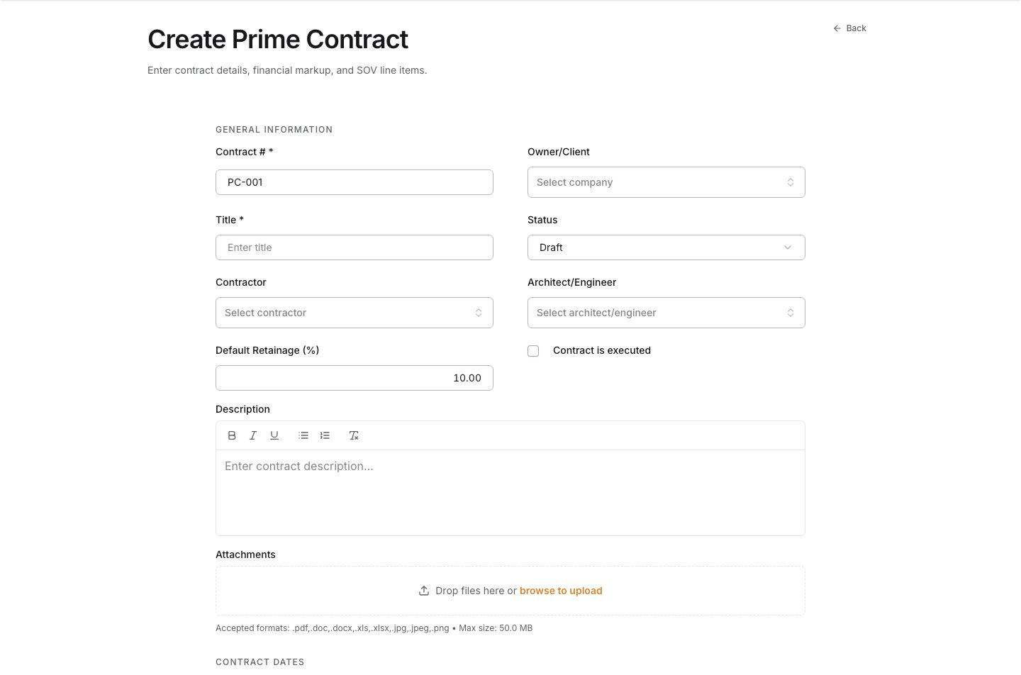 The Create Prime Contract form with General Information visible